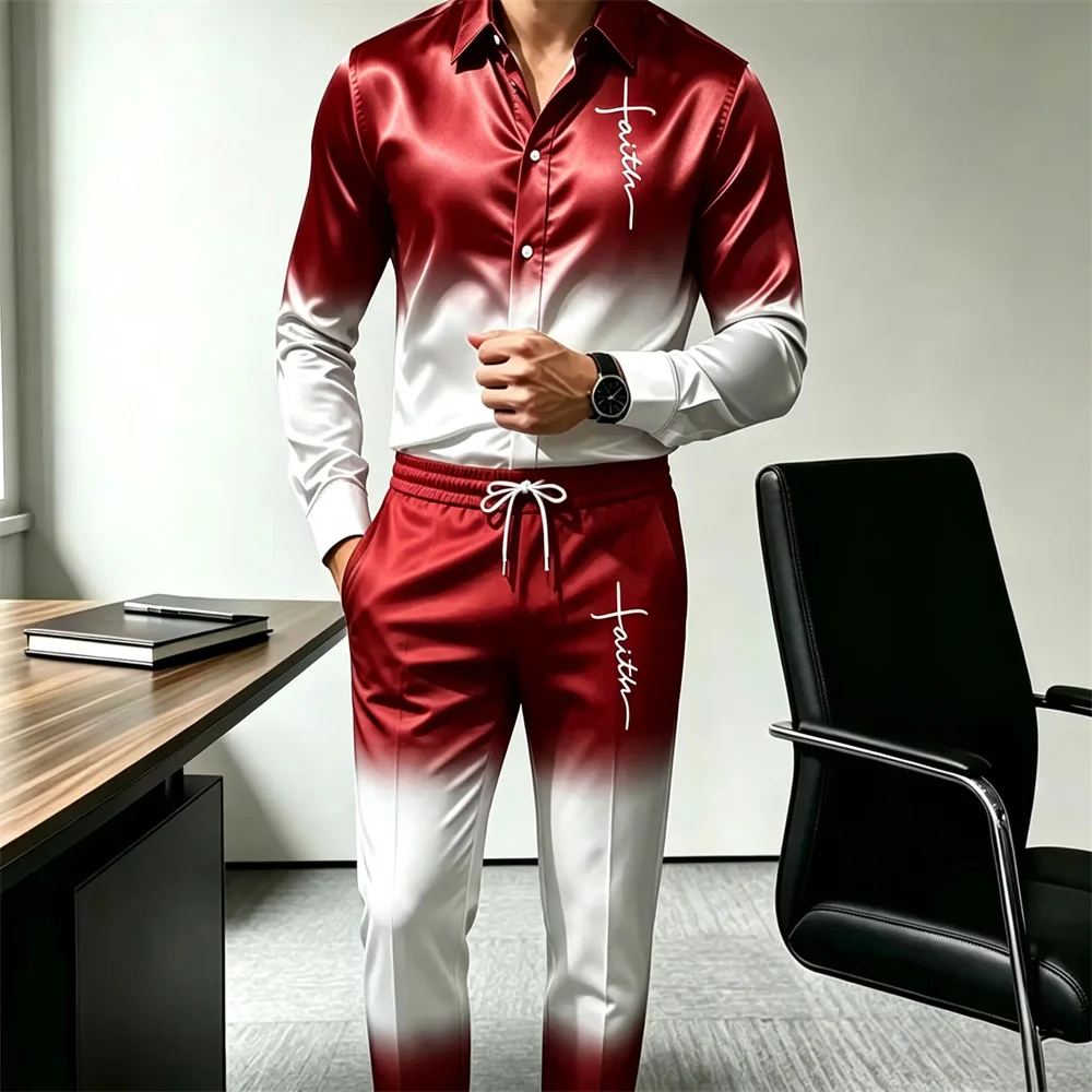 Men's satin 2-piece set: button up long sleeved shirt and drawstring pants, gradient luxury with letters, suitable for daily bus