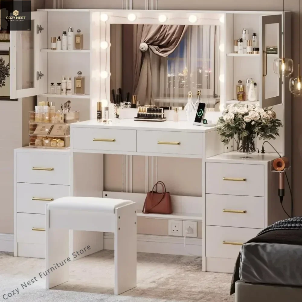 

58.3" Vanity Desk with Mirror & Lights, Makeup Vanity with 10 LED Lights, 8 Metal Sliding Drawers & 2 Cabinets, White Vanity Set