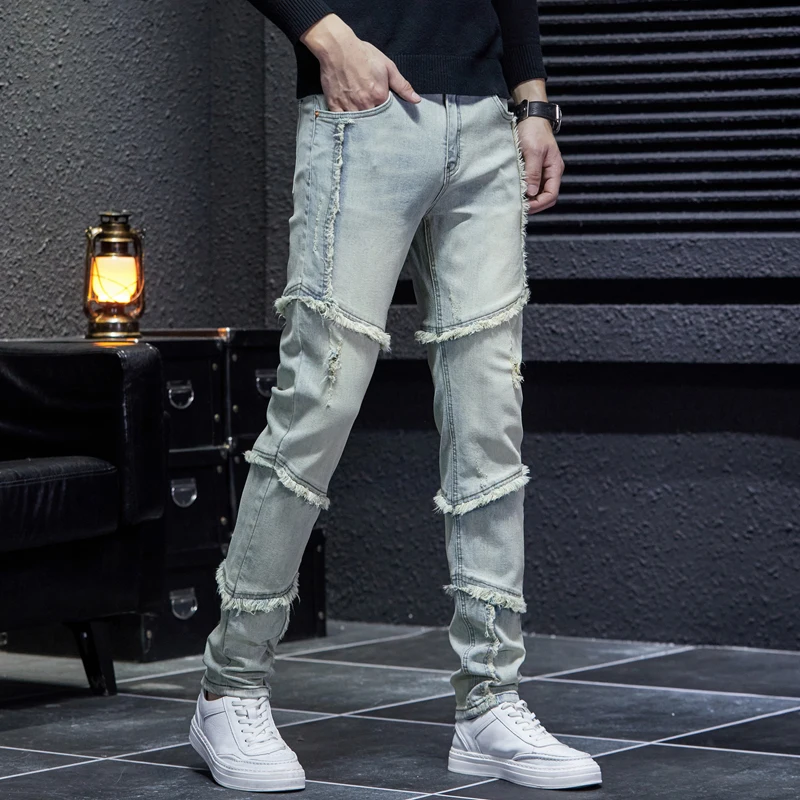 American High Street Jeans Men's Vintage Washed Frayed Casual Fashion Stitching Trendy Slim Stretch Straight Trousers