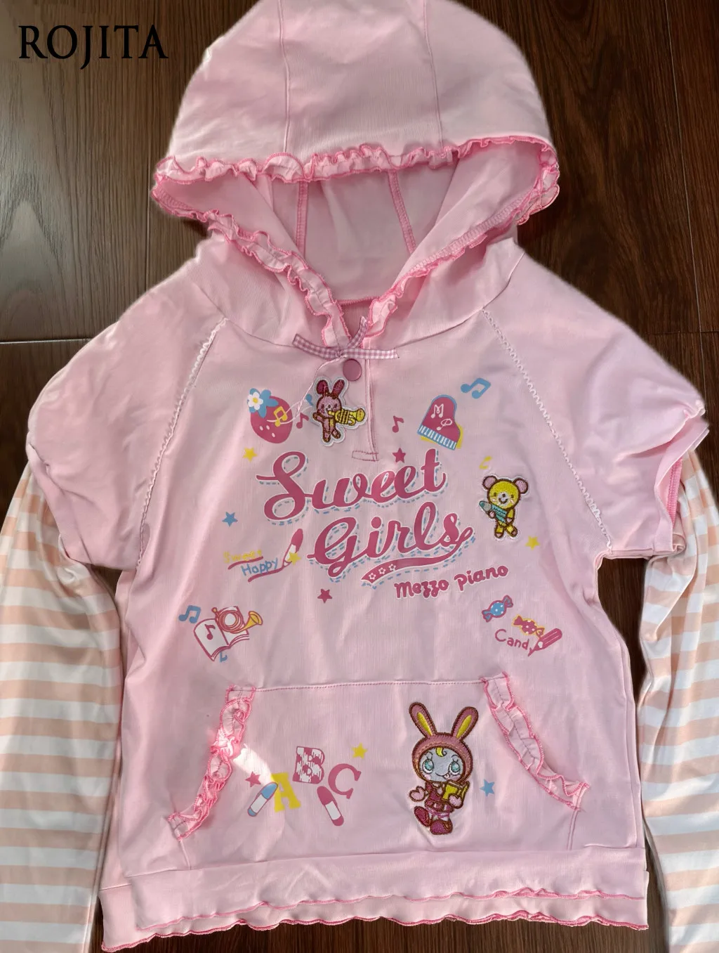 Kawaii Sweet Girls Daughter Uniform Embroidered Cute Hooded Fake Two-piece Long Sleeve Hooded Sweatshirt Girl Top