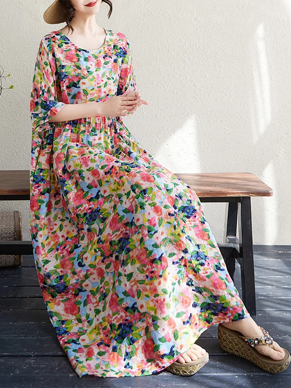 

Новое летнее женское платье макси из хлопка с цветочным принтом, коротким рукавом, круглым вырезом, завышенной талией, свободного кроя, повседневное