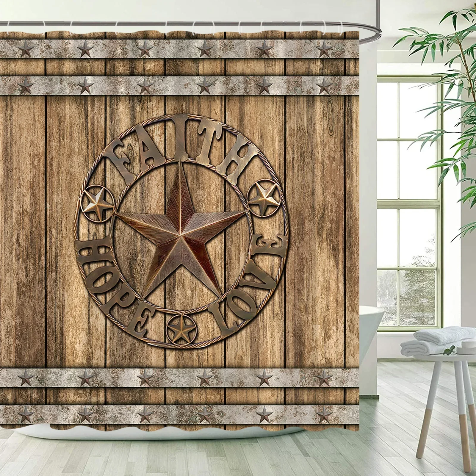 Vintage Grey Wooden Plank Shower Curtains Rustic Farm Retro Board Texas Star Bath Curtain Fabric Home Bathroom Decor with Hooks