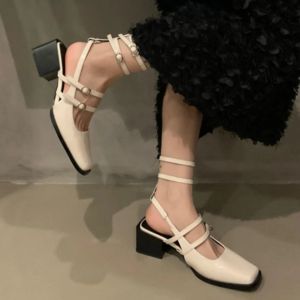 Sorphio Women Summer Mary Janes Shoes Chunky High Heels Buckle Strap Slingbacks Cover Toe Square Toe Elegant Dress Women Sandals