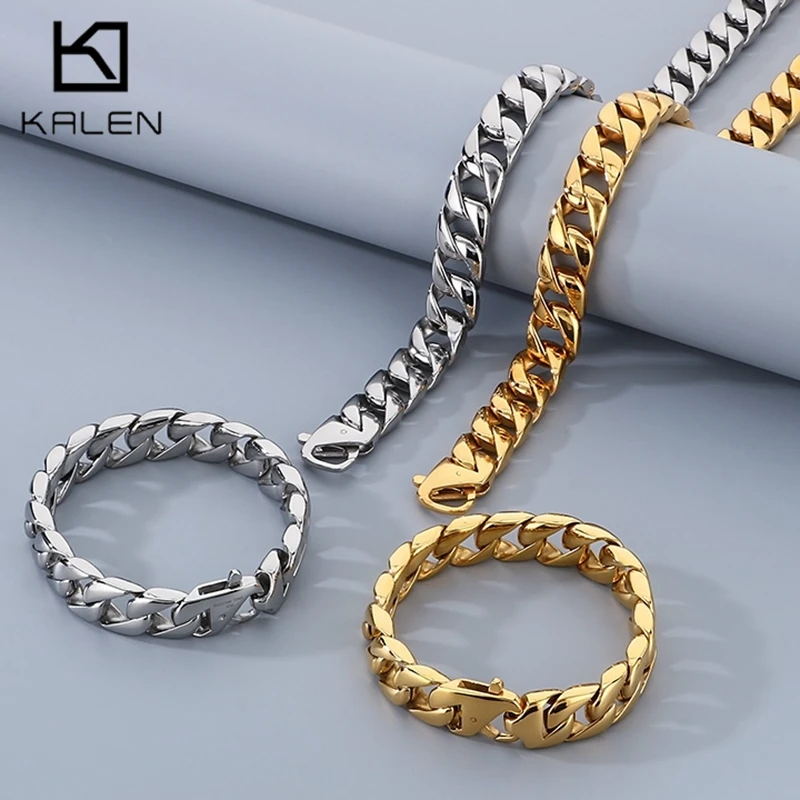 KALEN 15MM Minimalist Cuban Chain Bracelet for Men Women Polished Charms Stainless Steel Necklace Trendy Jewelry Sets Gift