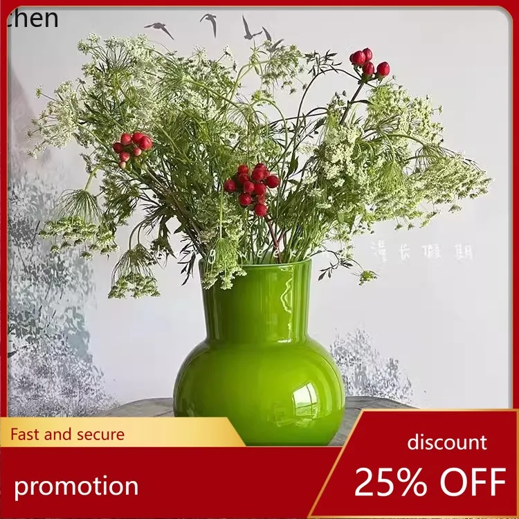YFY  retro green glass vase - premium living room home decor, tabletop ornament, flower arrangement vase