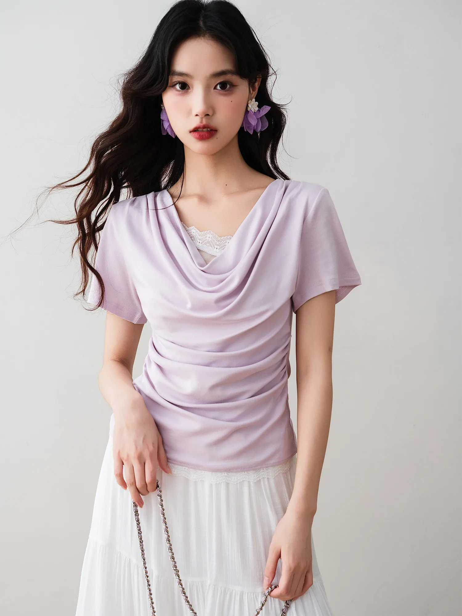 

Ronron Gentle Wind ort Sve T-irt Women's Slim Fit Pleated Lace Trim Top Summer New Sle Ele Commute Sle Pure Color