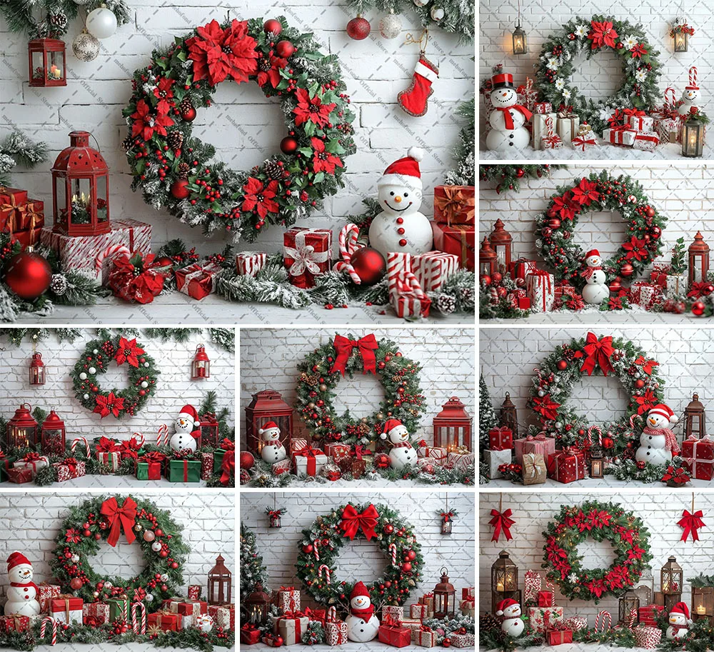 Mehofond التصوير خلفية عيد الميلاد الأبيض الطوب جدار ثلج شجرة عيد الميلاد الاطفال الأسرة صورة ديكور خلفية استوديو الصور