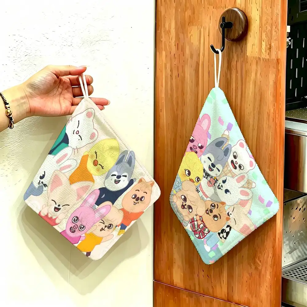 Kpop S-Stray K-Kids Skzoo Catoon Polyester Cotton Hand Wiping Towel, Anti-shrink Hanging Kitchen Cloth for Household Cleaning