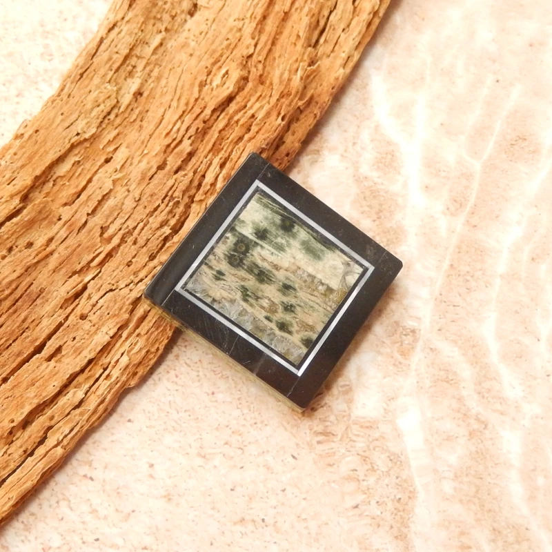 كابوشون مربع مصنوع يدويًا متعدد الأحجار الكريمة - مكون مجوهرات مرصع بقشرة المحيط جاسبر اعوج 27 × 26 × 5 مم - 8.8 جرام #4