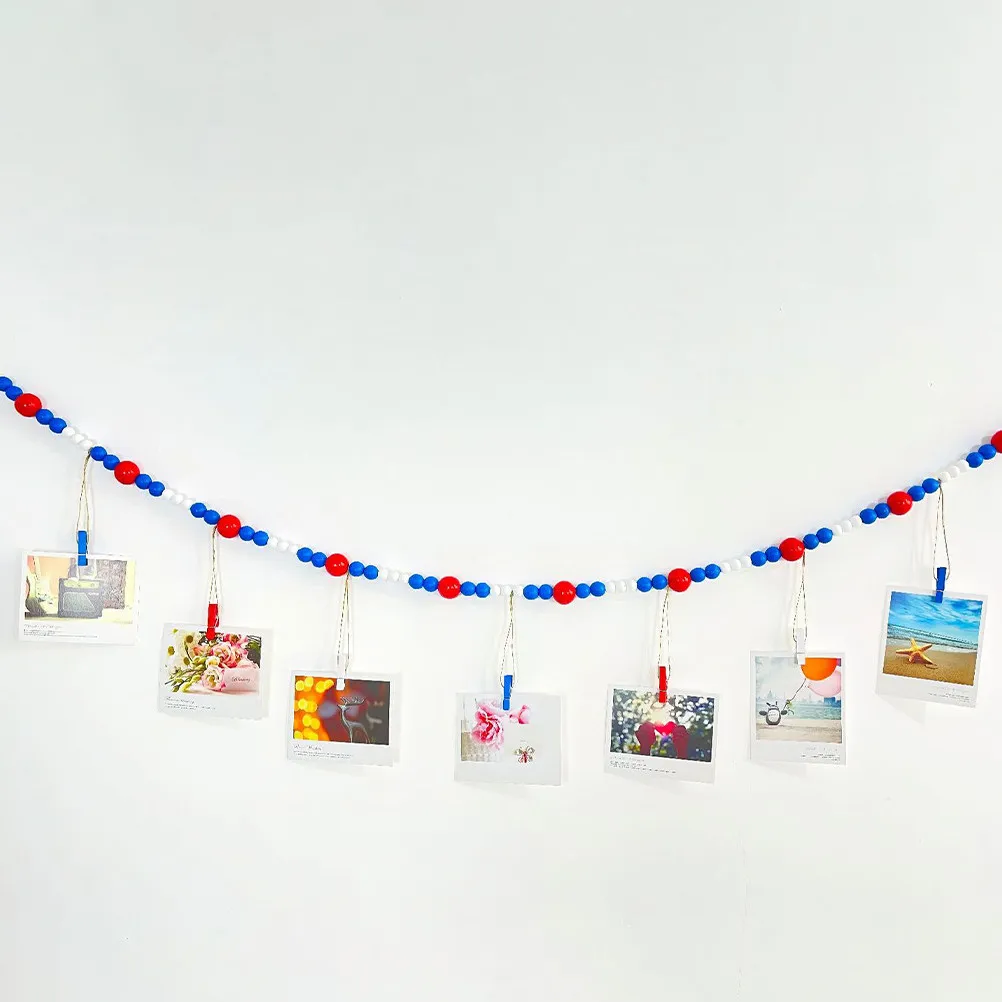2Pcs Independence Day Wood Bead Garland Photo Clips Hanging Photo Holder Rustic Decor Perfect for 4Th of July Wall Display
