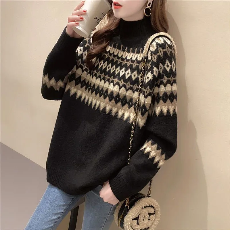 Autumn Fashion Korean Half High Neck Printed Small Loose Versatile Western Style Casual Women\'s Knitted Long Sleeve Sweater