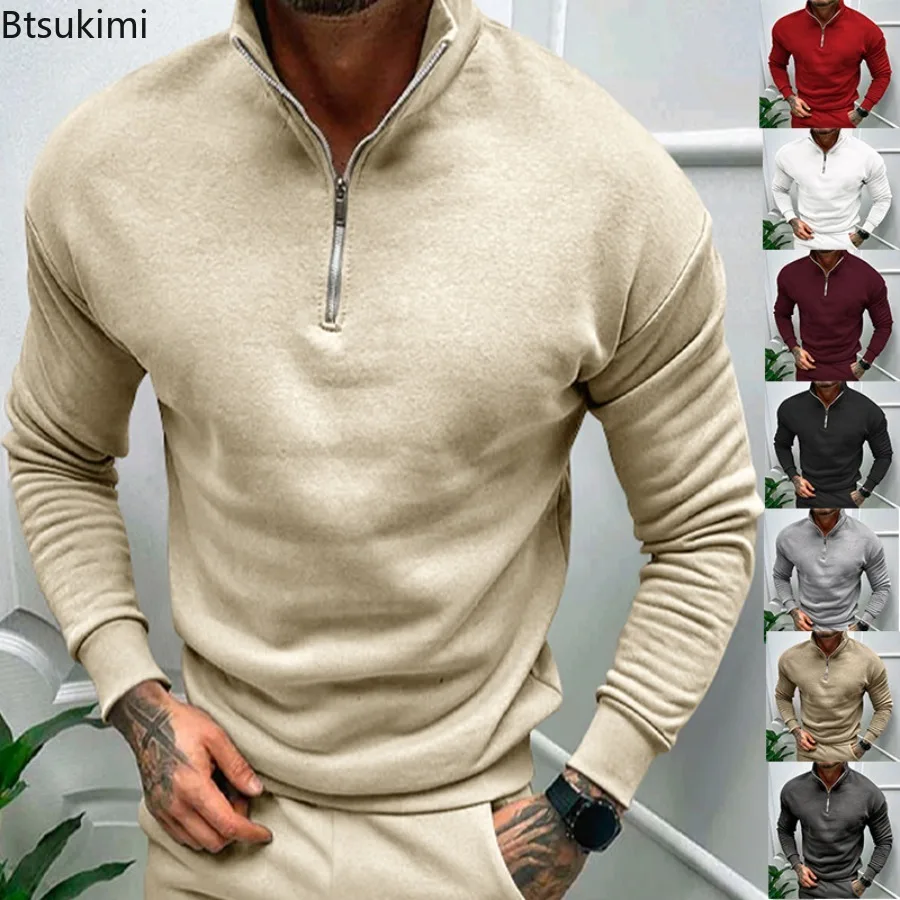 

New 2024 Men's Casual Warm Hoodies Fashion Solid Sweatshirts Half Zipper Stand Collar Pullover Fleece Warm Tops for Men Clothing