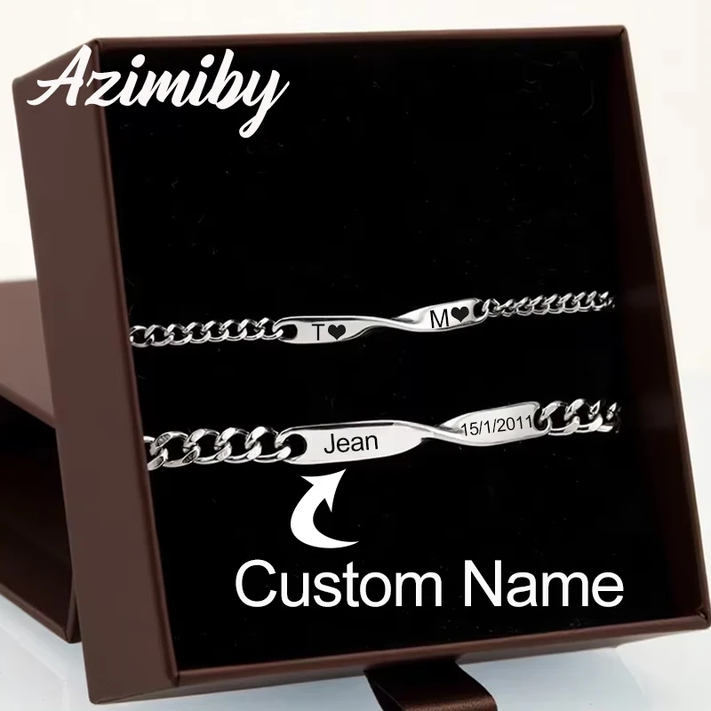 

Azimiby Personalized Engraved Name Date Infinite Twist Bracelet Stainless Steel Custom Name Couple Bracelet Commemorative Gift