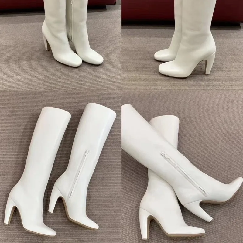 

Ladies' Spring AndAutumn Thick HighHeels Leather SideZipper Kneelength BootsEuropean AndAmerican Simple Versatile Banquet Shoes