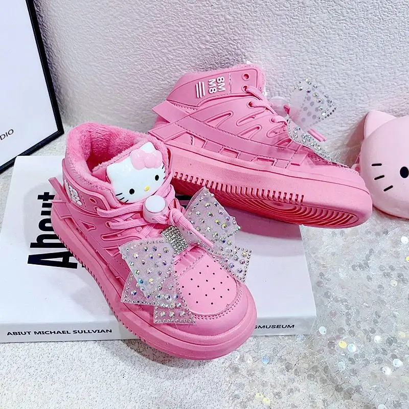 Hello Kitty Cartoon Girls Sneakers Kawaii Sanrio Autumn and Winter New Fashion Children\'s Soft Sole High Top Board Shoes Gifts