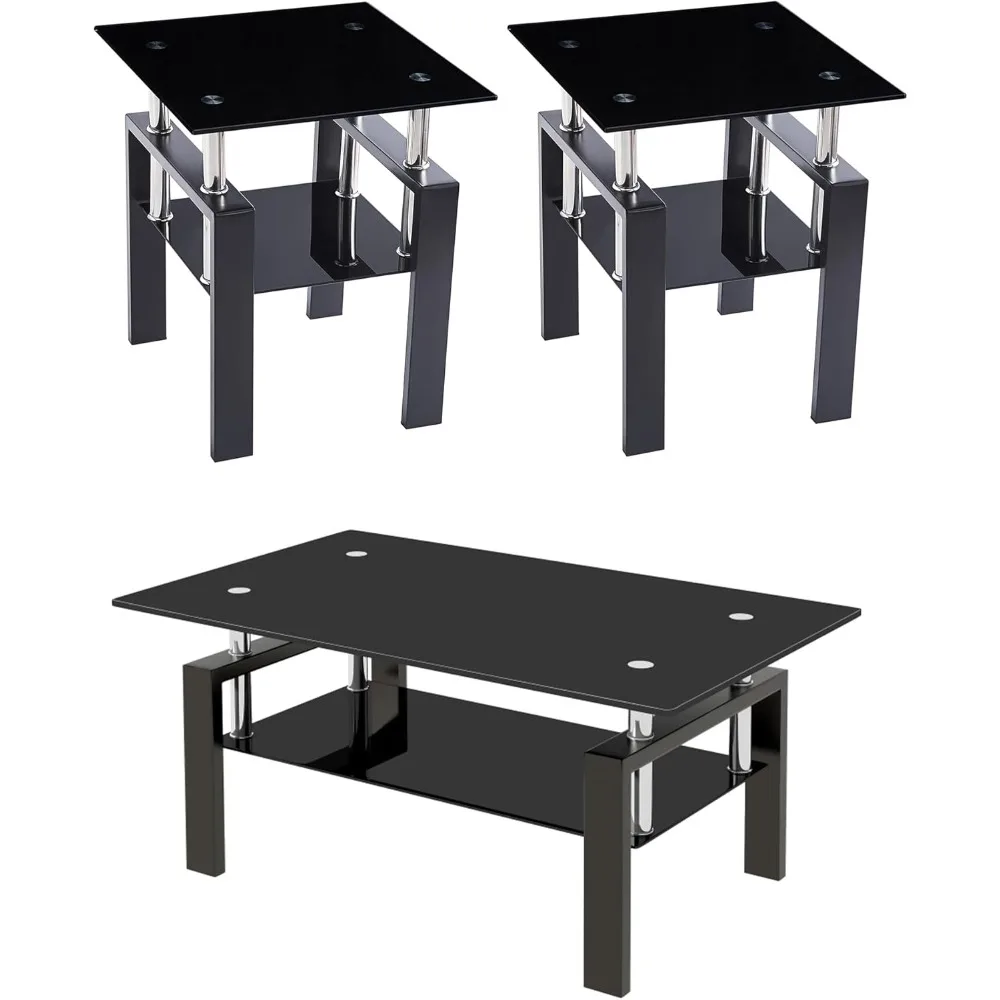 Coffee Table Set of 3, Modern Black Living Room Tables, Coffee and End Tables, 3pcs Coffee Table Set for Living Room