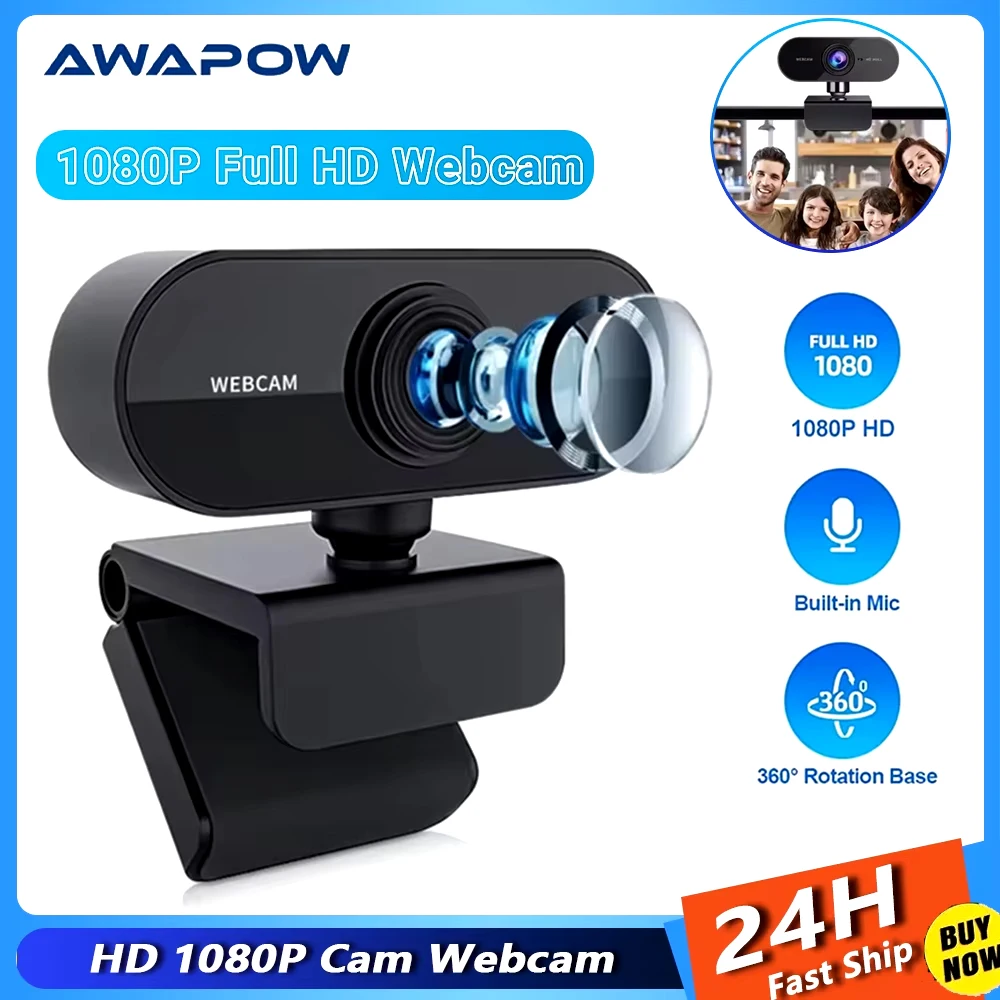 Awapow 1080P HD Webcam With Mic Rotatable Web Cam Camera Auto Focus For PC Computer YouTube Video Call Conference USB 4K Camera