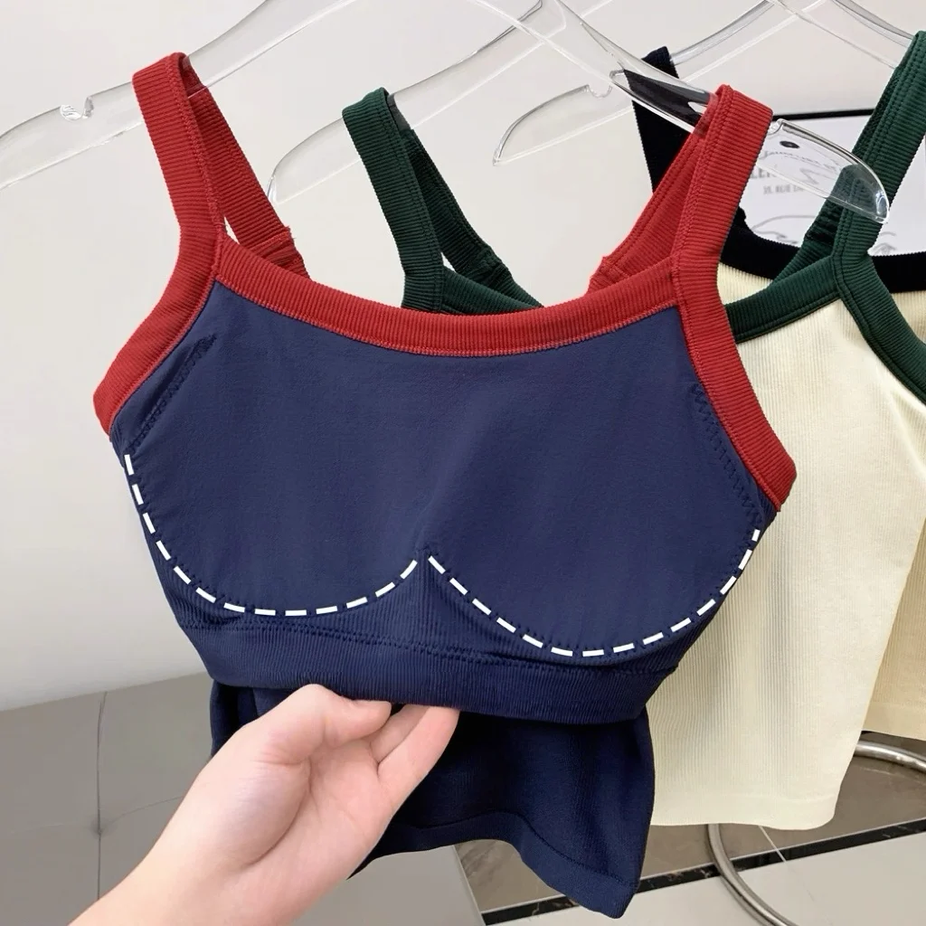

Women's Color Blocking Sports Vest with Fixed Chest Pads Gathered Fitness Pilates Training Yoga Underwear Top