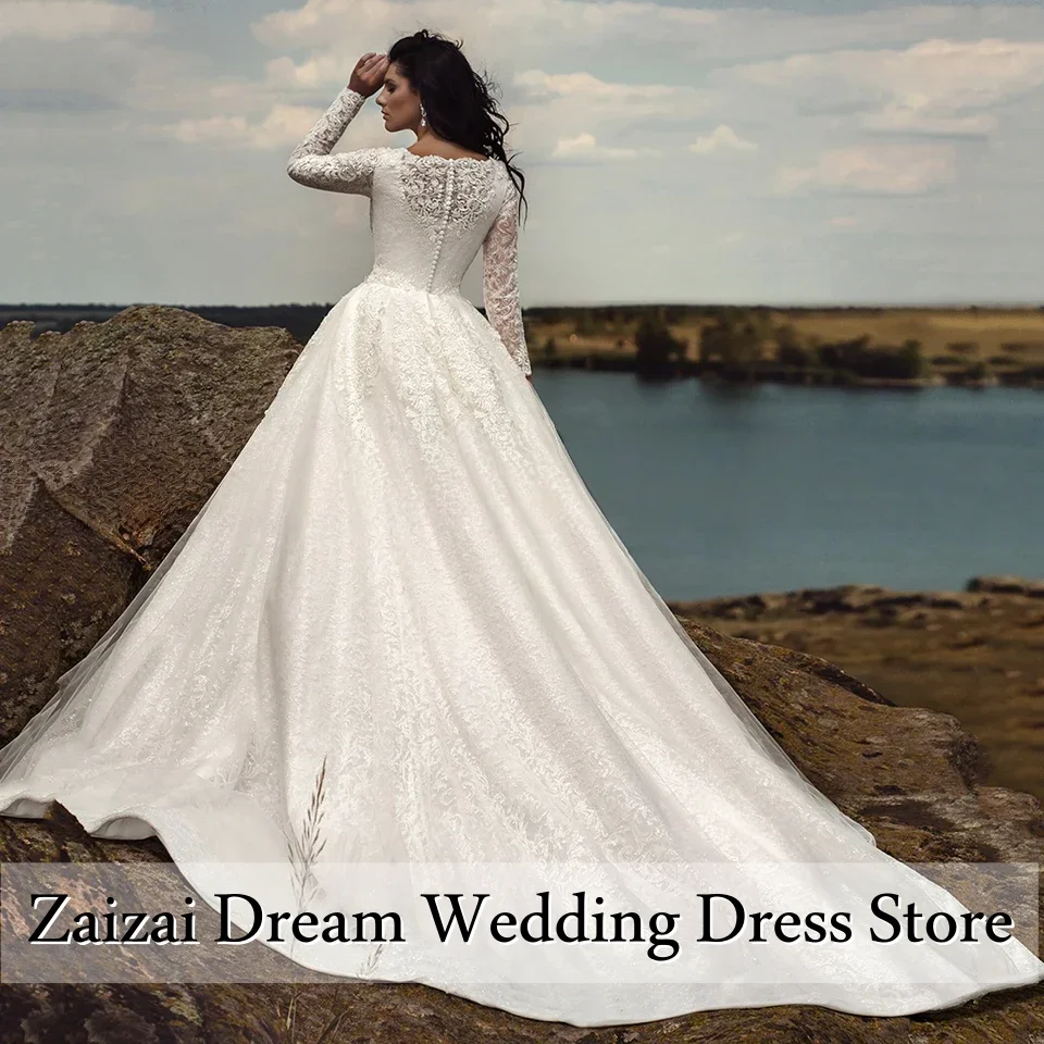 Customized Exquisite High Collar Lace Wedding Dress Muslim Long Sleeve Cover Sweeping Train Wedding Dress Vestido De Noiva