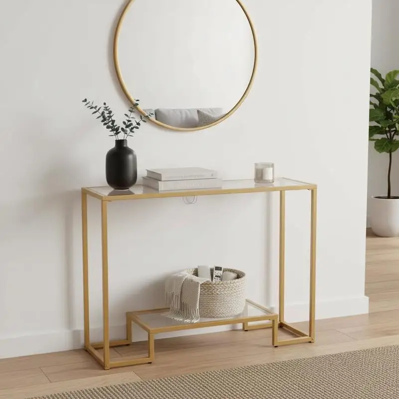 

2-Tier Glass Console Desk 40.5"L x 11.8"W x 28.7"H For Living Room Hallway Entryway Modern Rectangle Sofa Side Table Tempered Glass Top Golden Iron Legs Anti-Tip Device Home Furniture Storage Shelf Narrow Entrance Stand Foyer Decor Gold Finish