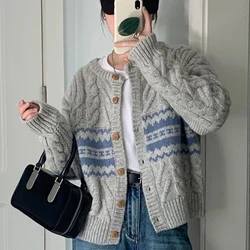 Rimocy Korean Gray Round Neck Cardigans Women Stripe Patchwork Twist Sweater Cardigan Woman Long Sleeve Knitted Coats Female