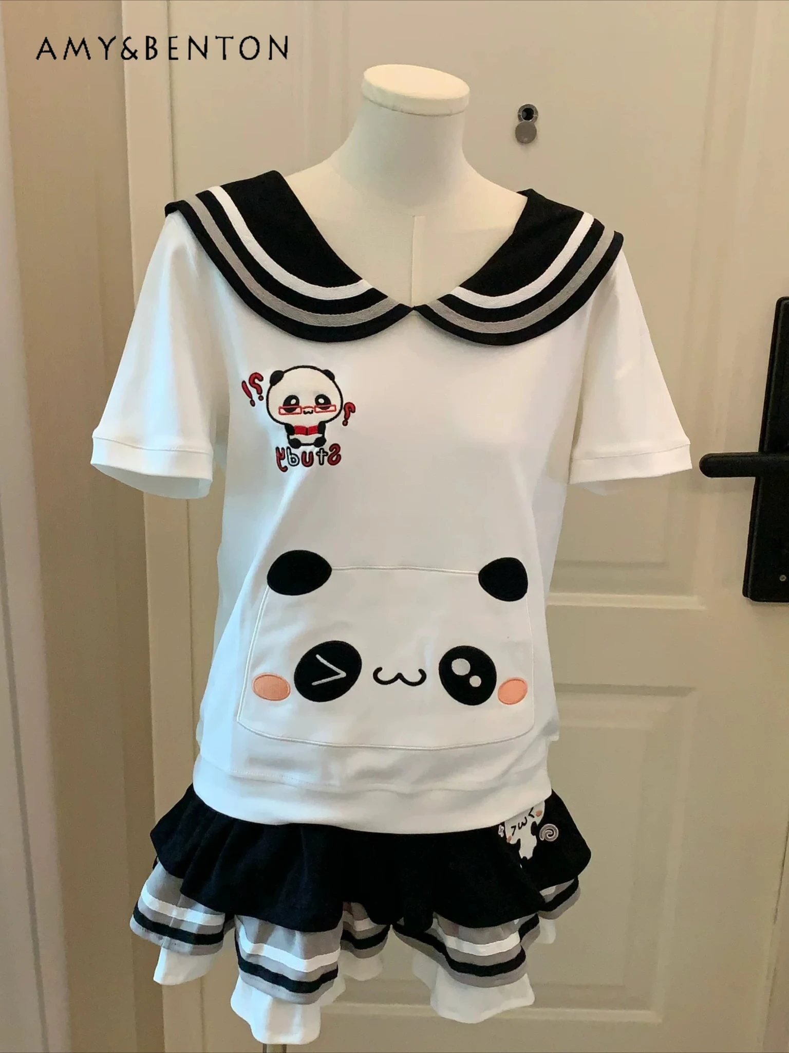 

Kawaii Cartoon Embroidery Navy Collar Versatile Cute Summer Short-sleeved Short Skirt College Style Sweet Casual Suit Student