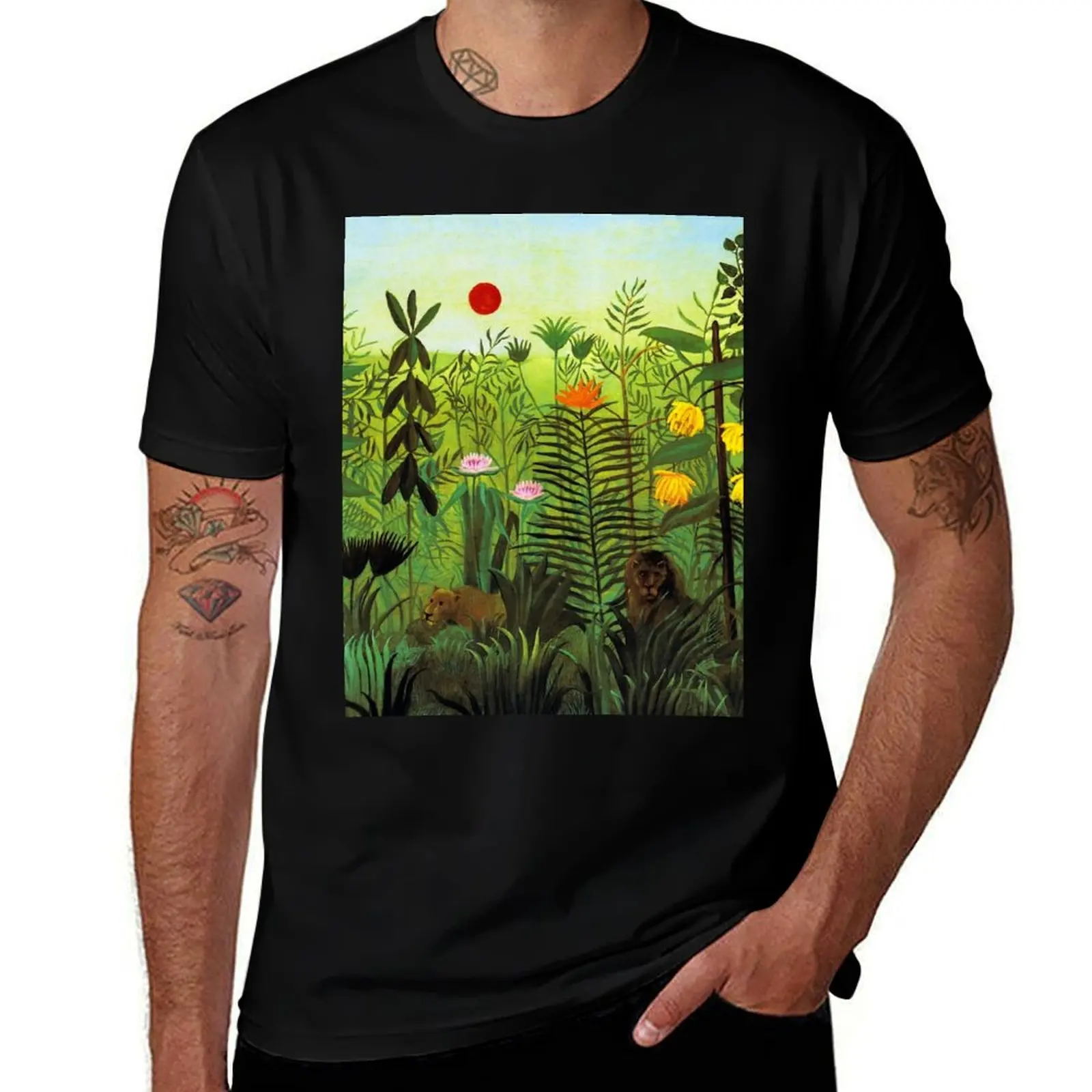 

Henri Rousseau Exotic Landscape with Lion and Lioness in Africa, 1903-1910 T-Shirt men t shirt cotton 100% T-Shirt