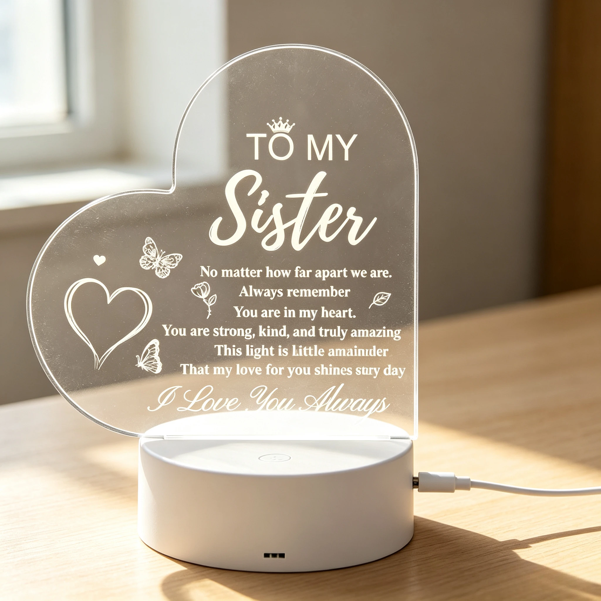 My Sister Gifts, Acrylic Heart Shaped Night Light, Thank You Gifts from Sister Brother on Graduation, Wedding, Christmas, Engraved Night Lamp(Sisters Gift)