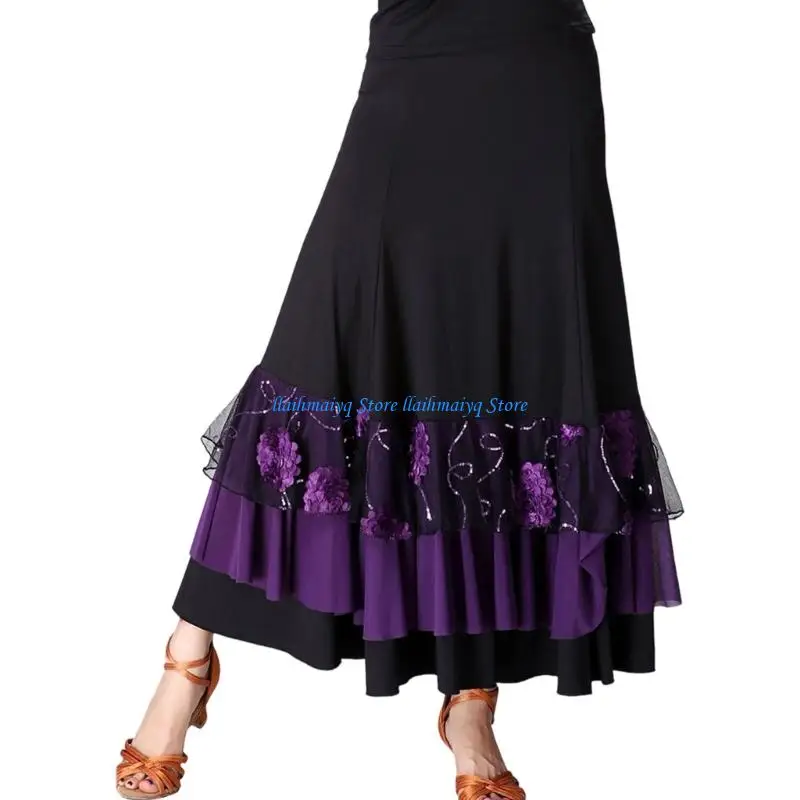 

573B Elegant Ballroom Dance Skirt With Floral Embroidery 360 Degree Design Milk Silk Fabric