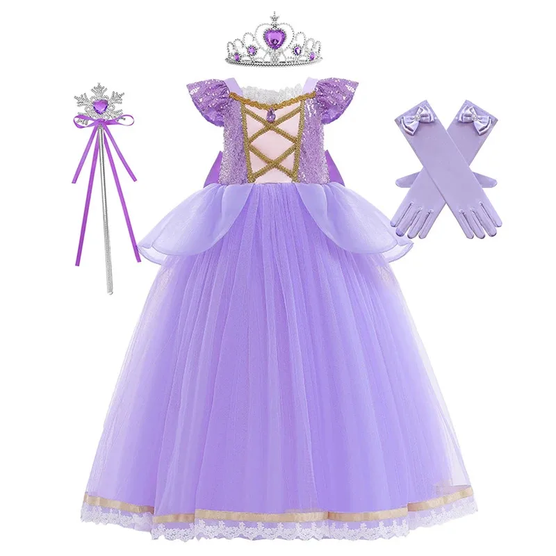 Robe princesse violette pour filles, Costume de luxe, robe de bal pour fête d'anniversaire, vêtements fantaisie pour Halloween et carnaval