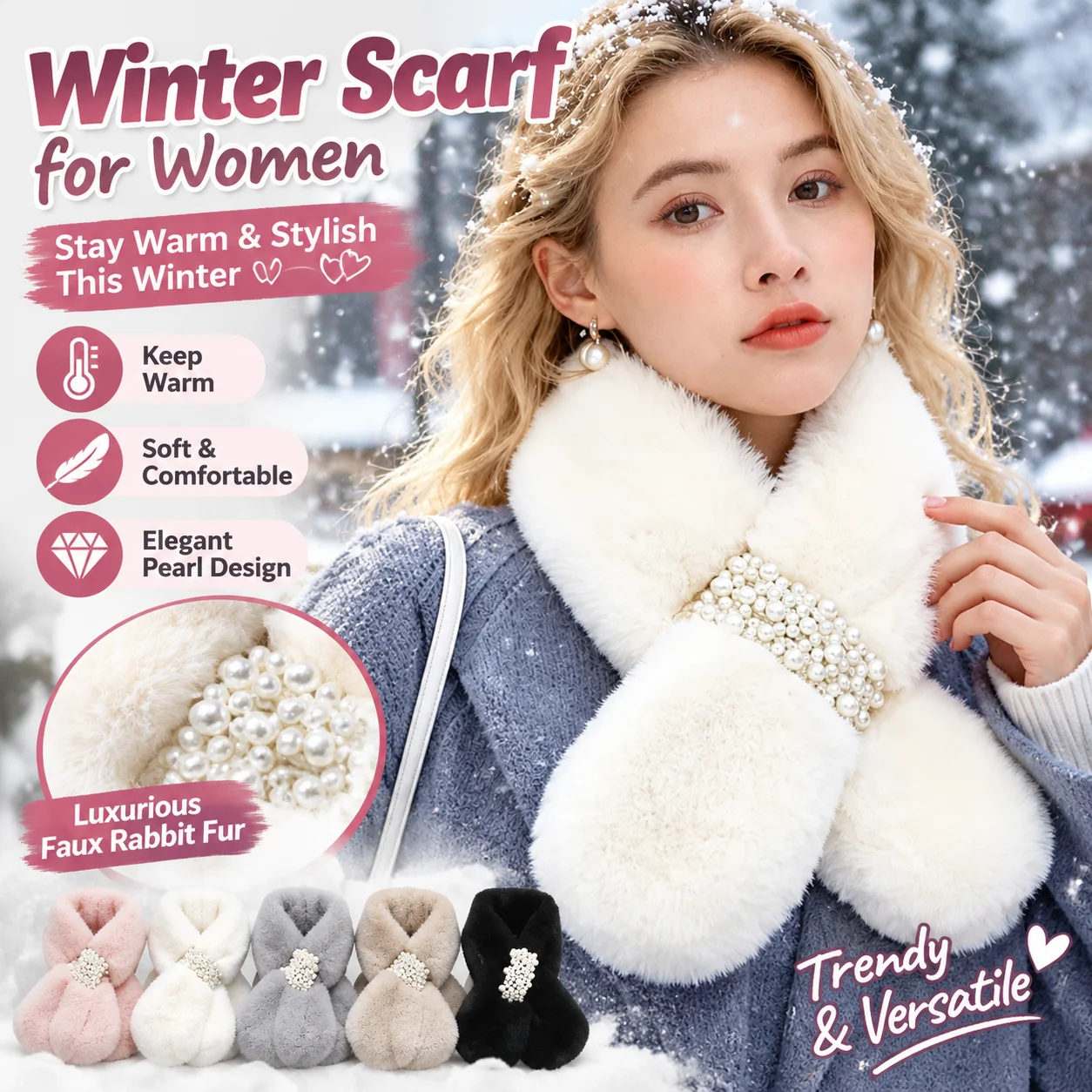 Student Winter Scarf for Women Trendy Faux Rabbit Fur with Pearl Accents Multi-Function Neck Warmth Must-Have Item