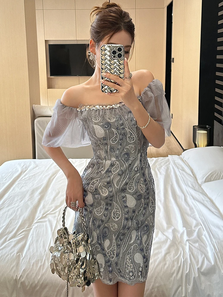 Glamorous Chic Party Mini Dress for Women Sexy Sheer Mesh Off-Shoulder Tulle Sparkling Neckline Short Gown Female Club Vestidos