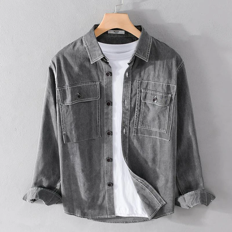 

Vintage Cargo Shirt Men Spring Autumn New Gray Cotton Lapel Multi-pocket Loose Long Sleeve Shirt Casual Streetwear Cardigan Tops