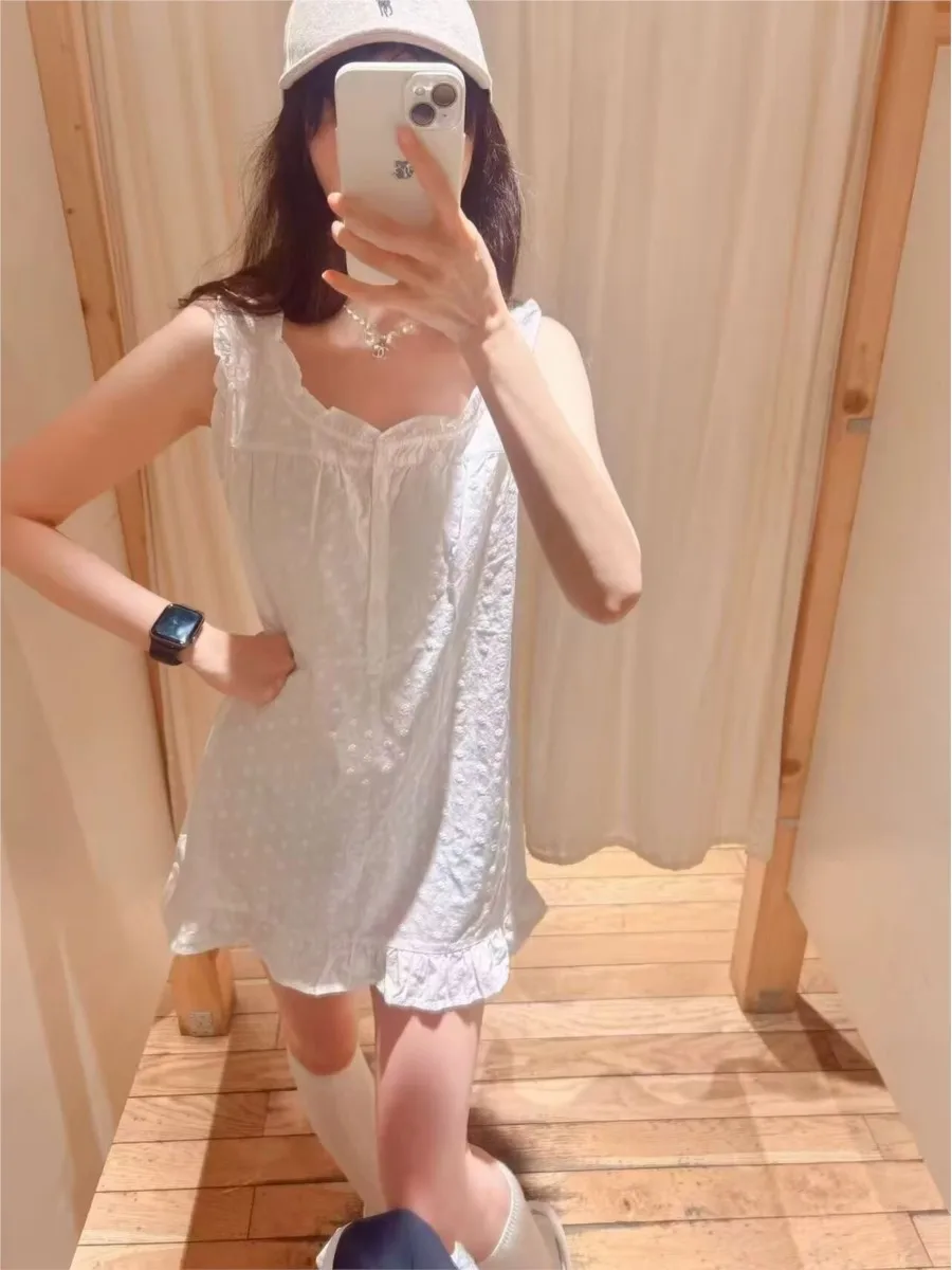 Biała Sukienka Mini z Falbankami, Okrągłym Dekoltem, Letnia Odzież Uliczna, Zapinana na Guziki, Bez Rękawów, Krótka Sukienka w Linii A, Vestidos, Słodka Elegancka Sukienka Vintage