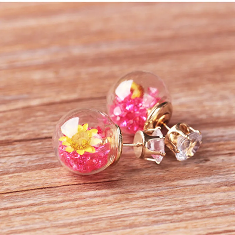 Fashion Simulated Glass Ball Earrings Flower Korea Jewelry Double Side Ball Stud Earring Statement For Women