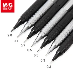 M & G-Juego de lápices mecánicos de Metal con recargas, lápices de dibujo artístico 2B, herramientas de escritura para estudiantes, negro, plata 0,3, 0,5, 0,7, 0,9mm