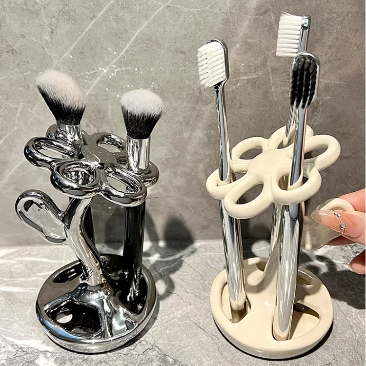 

Ceramic Toothbrush Holder Toothpaste Stand Shelves Bathroom Organizer Freestand Stationery Makeup Brush Kitchen Storage