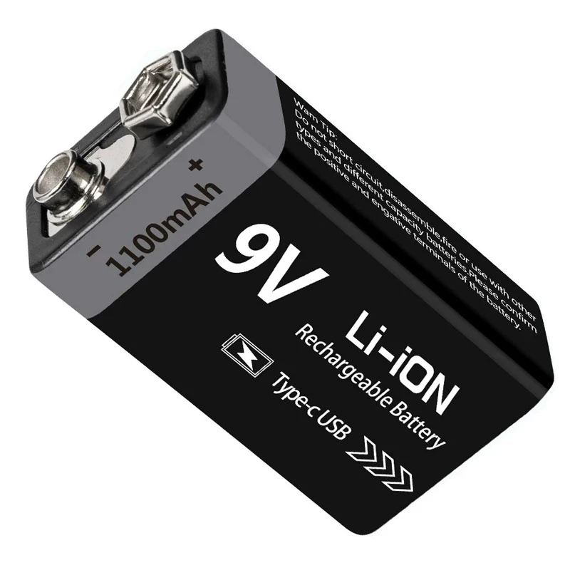 9V 1100mAh Rechargeable Lithium Battery with USB Type-C Charging Port for Multimeter Guitar Pedal Smoke Detector Medical Device