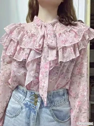 2024 Spring New Ruffles Tops Romantic Office Girls Flower Print Retro Cute Sweet Japan Style Flare Sleeve Pink Basic Shirts