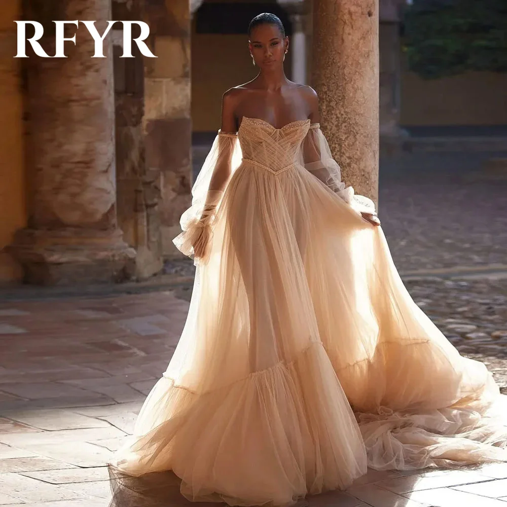 

RFYR Blush Sweetheart A-line Evening Dress Corset Vestidos De Noche Tulle Prom Dress with Pleats Off The Shoulder Party Dress