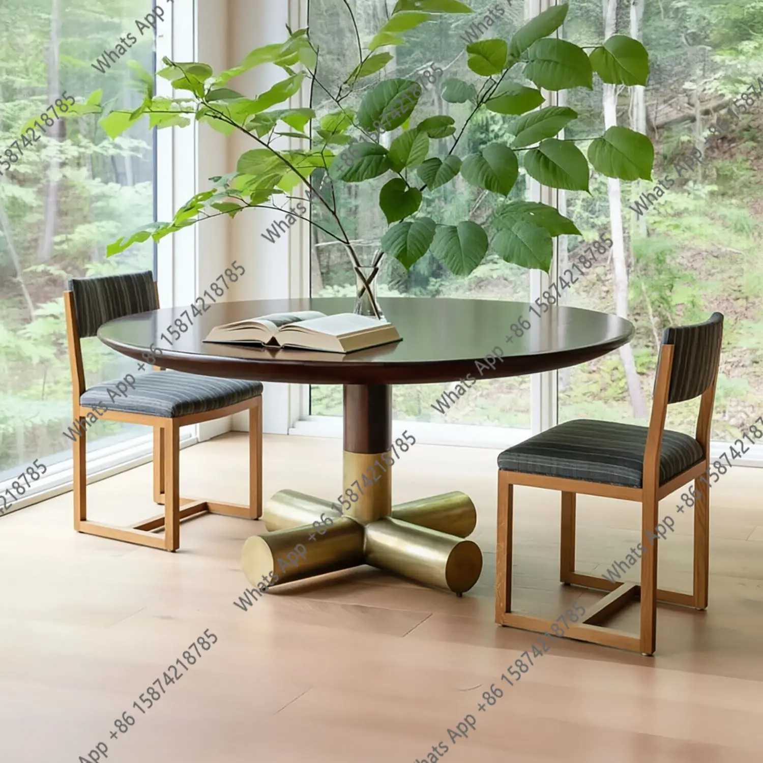 Light luxury solid wood copper foot round reception table, modern simple metal leg round dining table