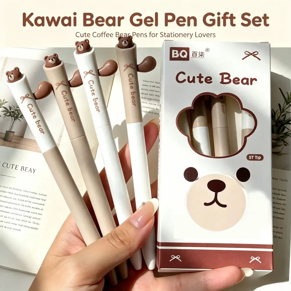 4pcs Cute Retractable Gel Pens, Coffee Bear Click Black Ink Pens Stationery Set, Smooth 0.5Mm For Journal Notebook School Office