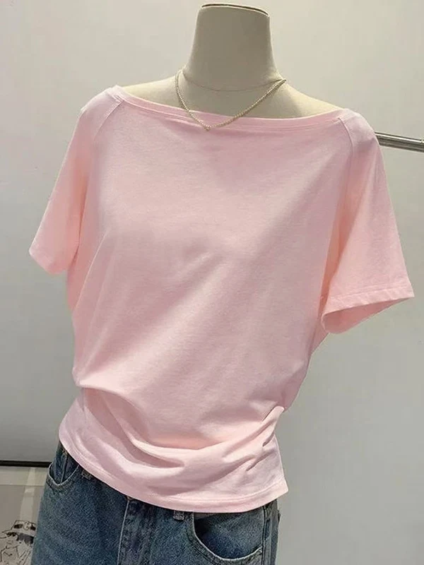 Summer Loose Fit Shoulder Bared Short Sleeve T-Shirt Women's Pure Color Dopaamine Style Casual Top Yellow Lightweight Cotton