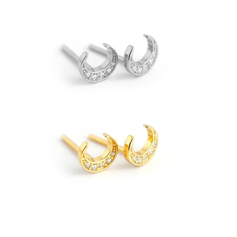 Fashion Korean Silver Gold Color White Zircon Moon Small Stud Earring for Women Mini Pendiente Jewelry Aretes Brincos Wholesale
