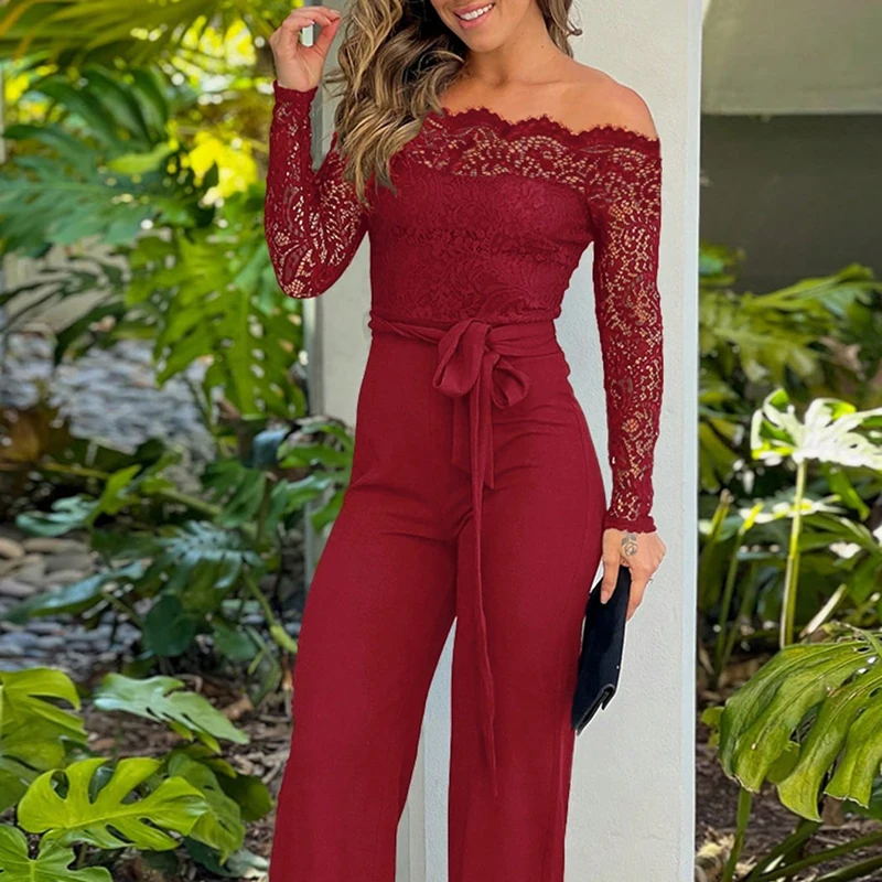 

Lace Patchwork Lace Up Slim Fit Romper Office Off Shoulder Solid Color Casual Jumpsuit Fashion Embroidered Long Sleeved Playsuit