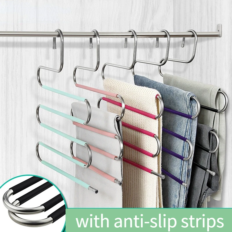 

5 Layers Stainless Steel Pants Hangers S Shape Clothes Storage Rack Trousers Hanger Wardrobe Multilayer Trousers Organizer