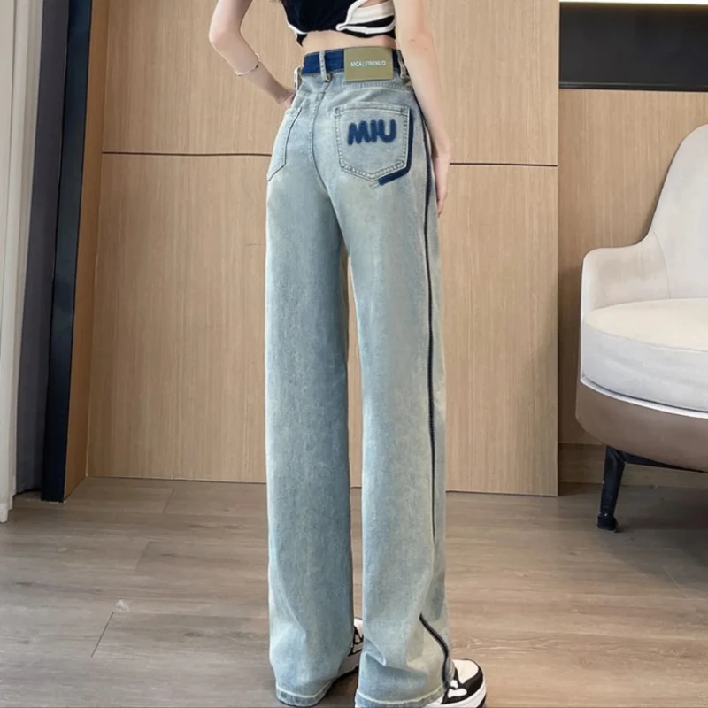 Broek met rechte pijpen Hoge taille Shot Damesjeans Letter Cowboybroek voor dames A Uitgerekt Z Esthetisch Goede kwaliteit Zomer R