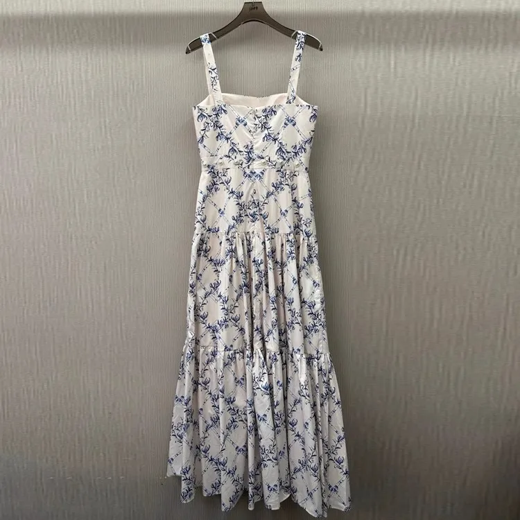 

100%Cotton Long Dress 2025 Summer Evening Party Lady Spaghetti Strap Vintage Floral Prints Beading Deco Sexy Long Maxi Dresses