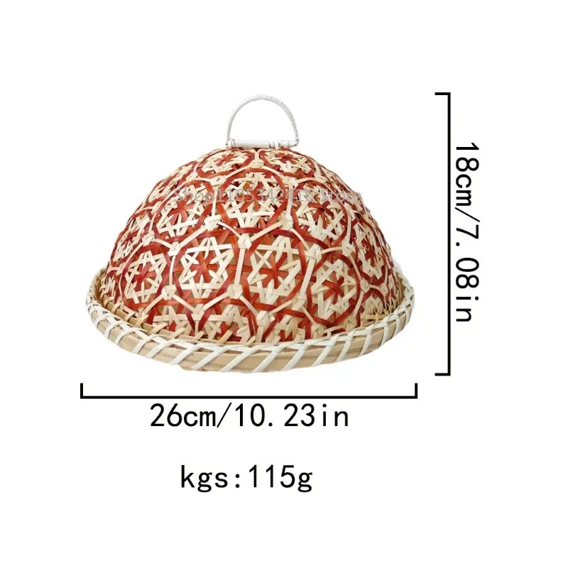 Hand-Woven Rattan Food Basket with Insect-Proof Cover Lid, Round Bread Fruit Plate Umbrella for Leftovers & Dining Table