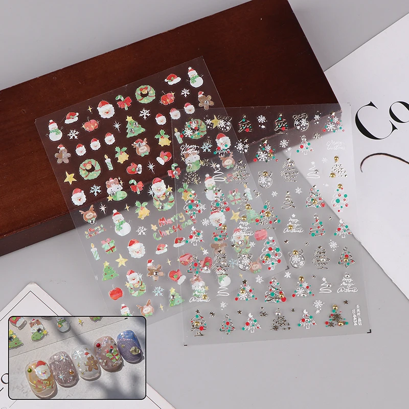 Cartoon Nail Stickers 5D Embossed Bow Christmas Tree Crystal Diamond Cute Winter Xmas Engraved Manicure Tips